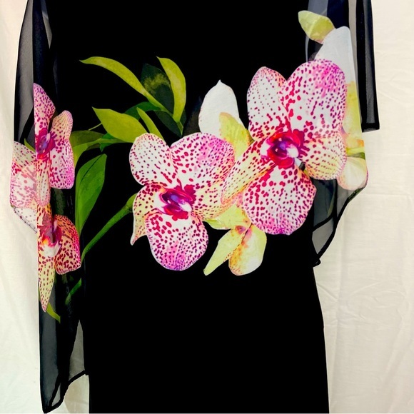 Venus Black Sheath‎ Dress with Large Pink Orchids Sheer Fabric Sleeveless Medium - Picture 9 of 12